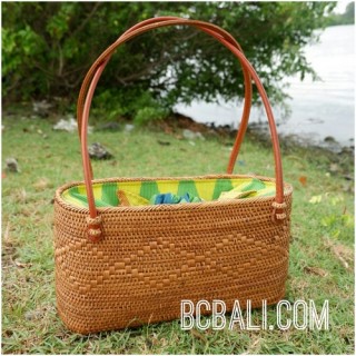 ladies handbag leather handle straw ata grass with lining